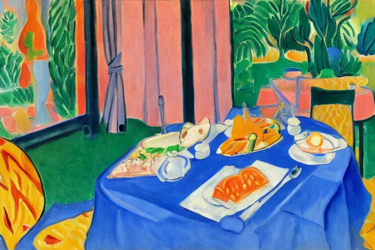 Image similar to a fancy breakfast scene at a country club by henri matisse and linda wilder, oil painting, highly detailed, saturated colors 4 k