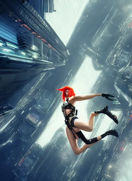 Prompt: Mila Jovovich as Leeloo from the Fifth Element Jumping over a flying Taxi seen from above. Futuristic city 8k. Luc Beson. Cinematic lighting. Hollywood. flares. Flying cars. insanely detailed, trending on artstation, sharp focus, post-processing. 35mm film.