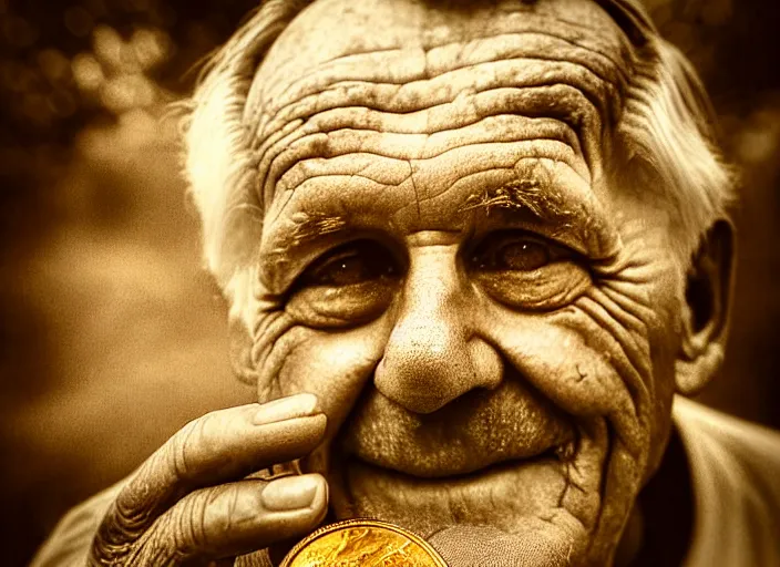 Prompt: old retro burnt out sepia photograph with scratches of an old and wrinkled man testing a golden coin with his teeth. magical forest in the background with bokeh. Antique. High quality 8k. Intricate. Sony a7r iv 35mm. Award winning. Zdzislaw beksinski style