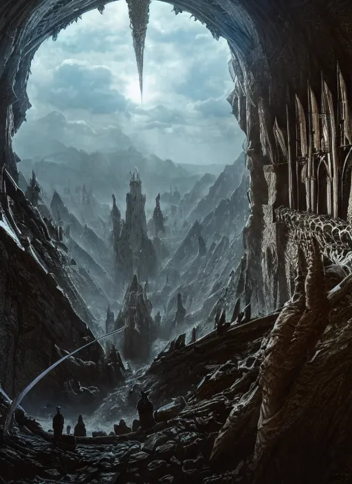 Prompt: medieval adventurers with one angry dragon in the lord of the rings scenery landscape, inside an enormous alien cathedral, portal to another dimension in the sky, highly detailed, cinematic lighting, perfect composition, 4 k, gustave dore, derek zabrocki, greg rutkowski, beksinski, octane render