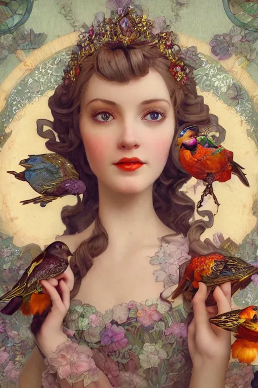 Image similar to face closeup, 3 d render of english princess holding birds, ornaments, background flowers, mucha vibe, dieselpunk, solarpunk, artstation