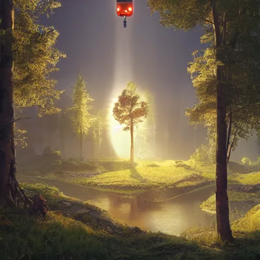 Prompt: scenery of a beautiful rural landscape with a broken robot in the style of simon stalenhag. light rays from the tree tops, small river on the ground, hypermaximalistic, high details, cinematic, 8 k resolution, beautiful detailed, insanely intricate details, artstation trending, octane render, unreal engine