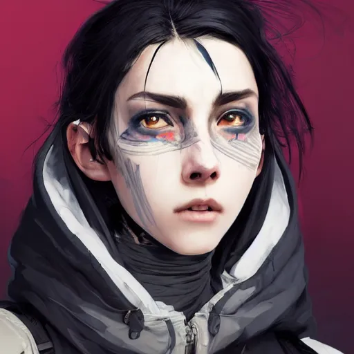 Image similar to a pale skinny white young girl with black hair, the hime cut, 1 8, in a black hoodie, and a cat, apex legends character, digital illustration portrait design, by android jones and greg rutkowski, retrowave color scheme, detailed, cinematic lighting, wide angle action dynamic portrait