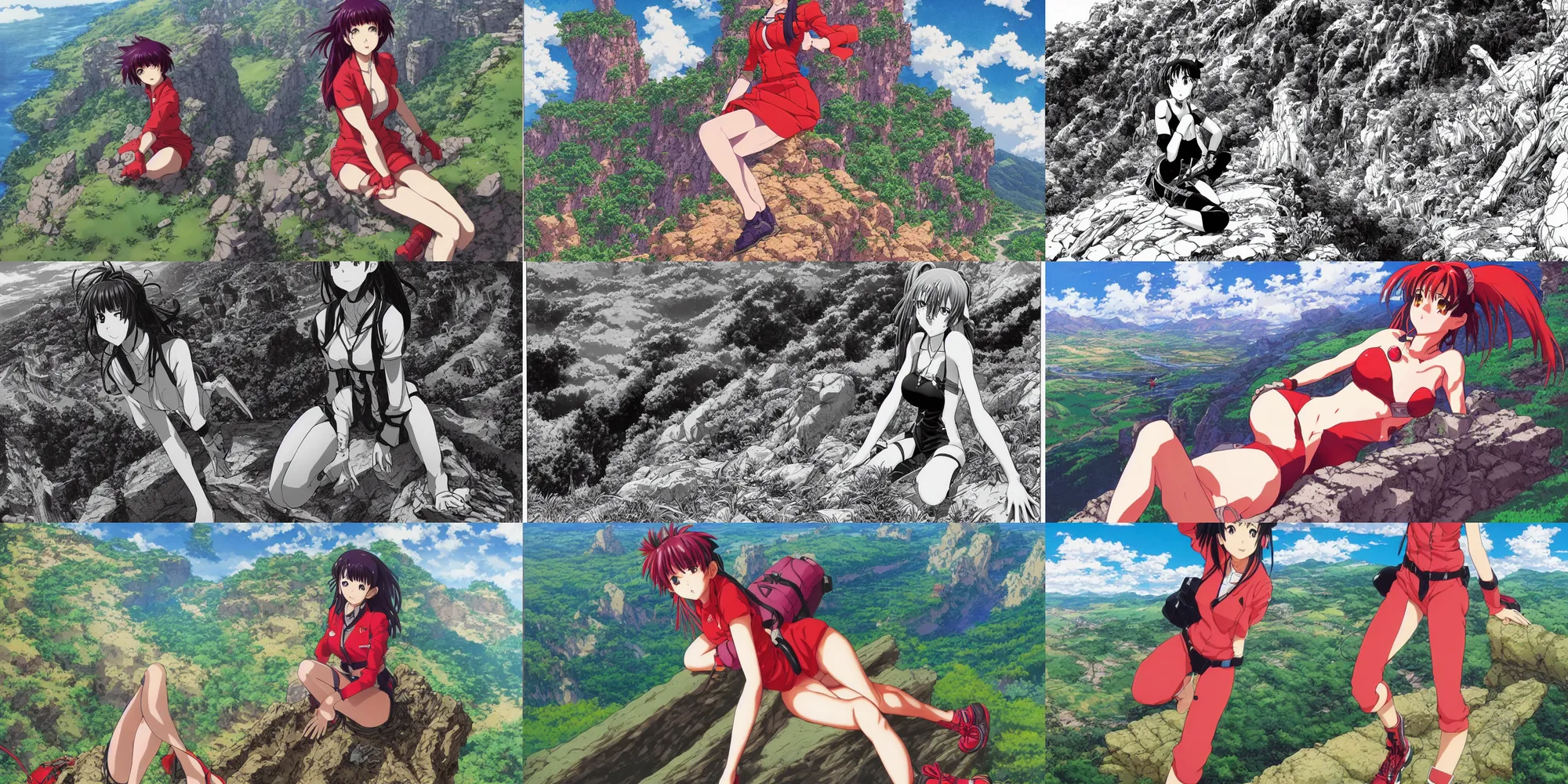 Prompt: alluring highly detailed manga line art wide-angle portrait of (1) Misato from Evangelion sitting on the edge of a cliff overlooking a fantasy valley, very detailed, realistic