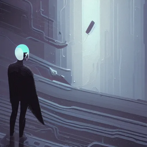 Prompt: an illustration of a cyborg human with a black robe, christopher balaskas, dan mumford