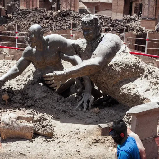 Image similar to a Bobs Big Boy statue being excavated from the ruins of Pompeii, ultra detailed, 8k resolution, ultrarealistic