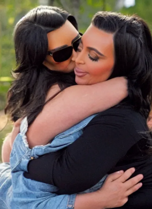 Prompt: film still of kim kardashian hugging bubbles from trailer park boys.