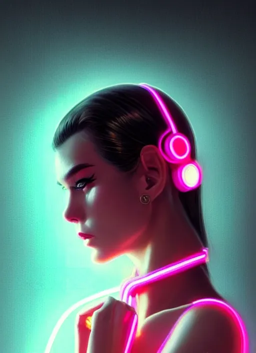 Image similar to portrait of female humanoid, intricate, retro 6 0 s fashion, elegant, cyber neon lights, highly detailed, digital photography, trending in artstation, trending in pinterest, glamor pose, concept art, smooth, sharp focus, art by artgerm and greg rutkowski