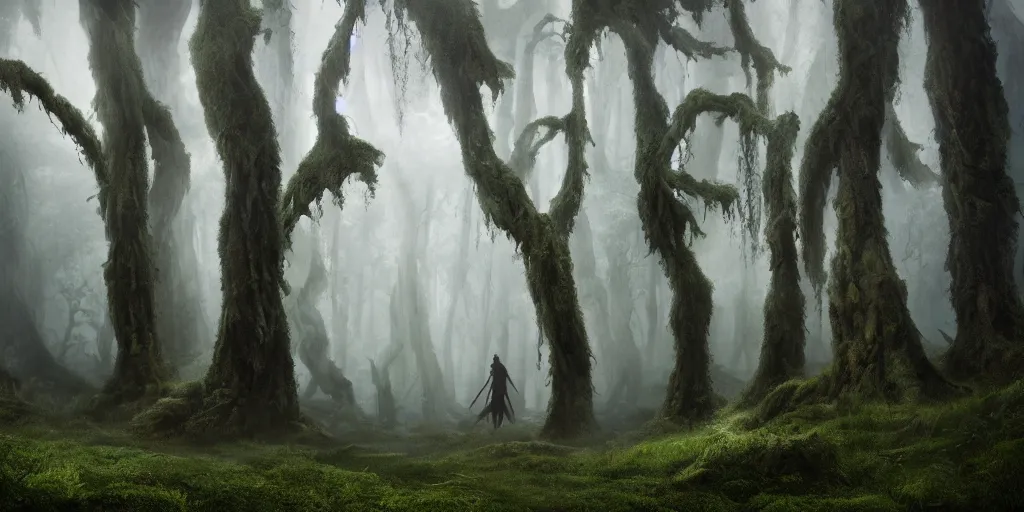 Image similar to beautiful majestic artstation cinematic matte painting of a knight in armour in a foggy forest with giant twisted mossy trees