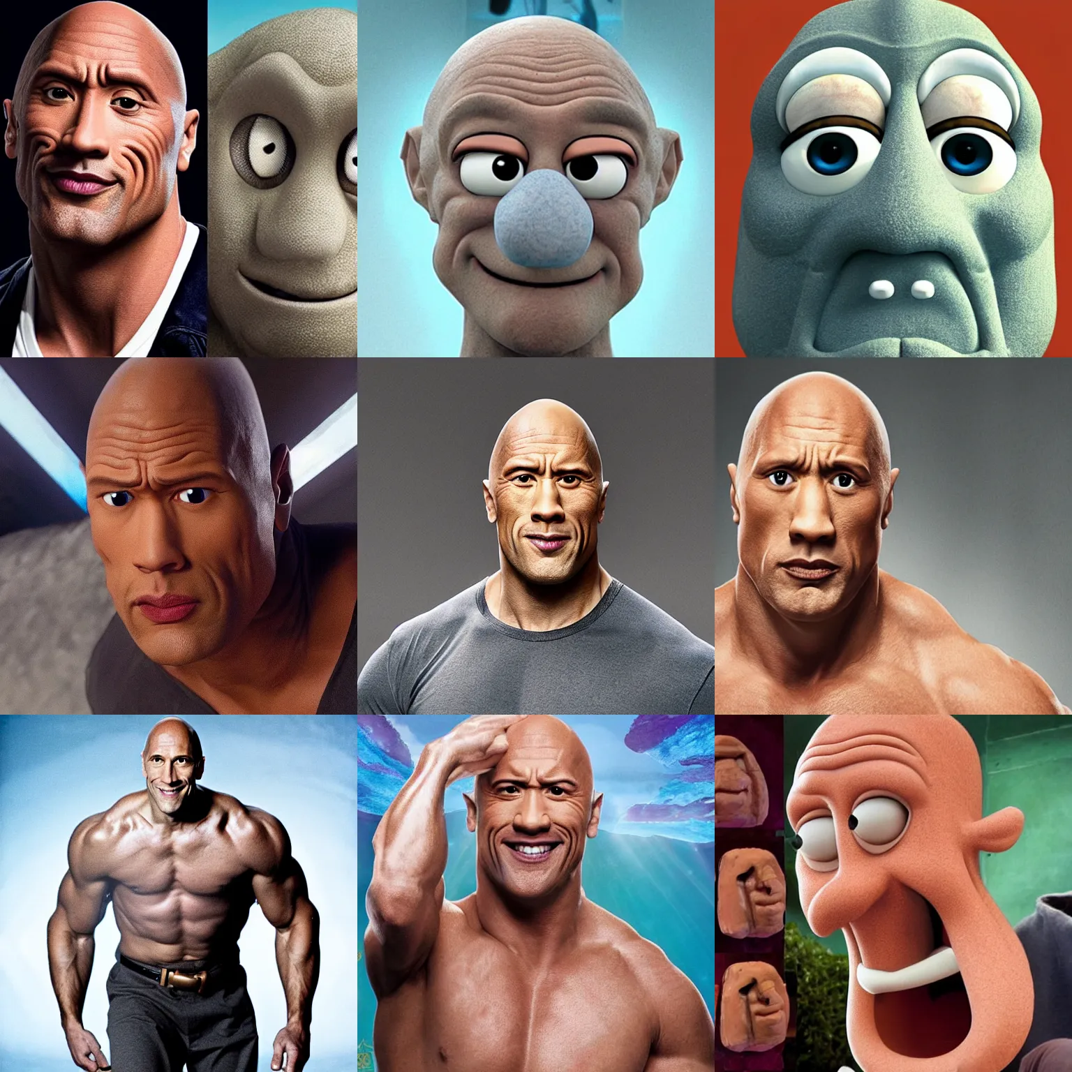 Prompt: photo of squidward from spongebob played by dwayne the rock johnson