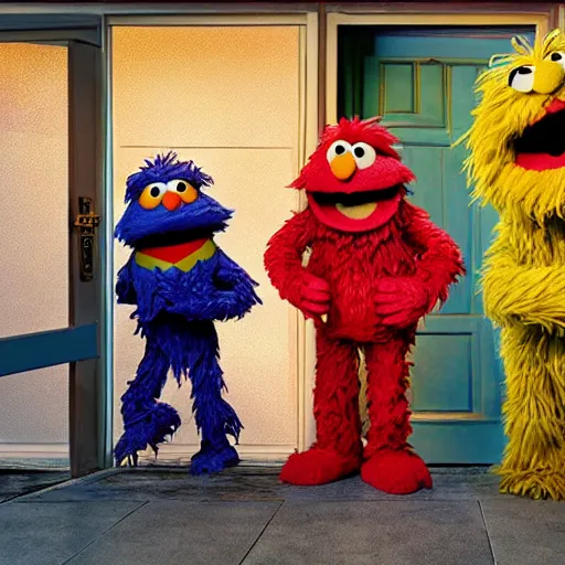 Prompt: wide-angle photo of homeless Sesame Street characters by David LaChapelle, 8k, sharp focus, dramatic lighting