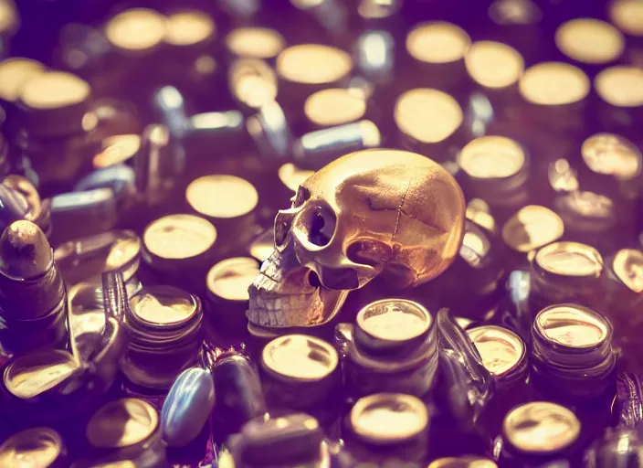 Image similar to a 3 5 mm photo of a pile of pills forming the shape of a skull, splash art, movie still, bokeh, canon 5 0 mm, cinematic lighting, dramatic, film, photography, golden hour, depth of field, award - winning, anamorphic lens flare, 8 k, hyper detailed, 3 5 mm film grain