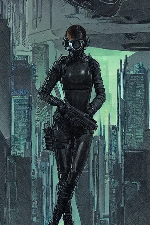 Prompt: selina. blackops mercenary in near future tactical gear, stealth suit, and cyberpunk headset. Blade Runner 2049. concept art by James Gurney and Mœbius.