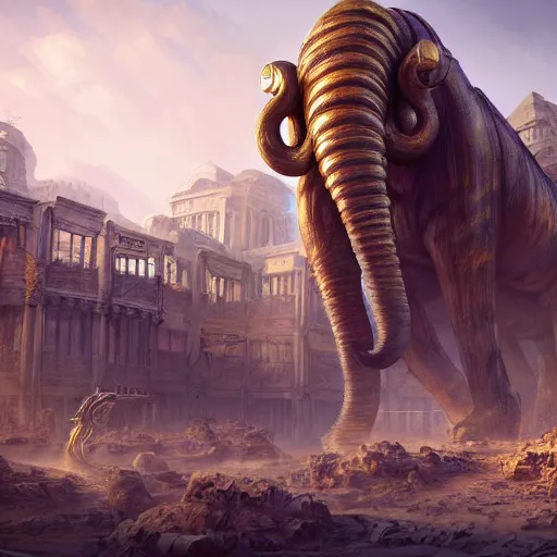 Image similar to golden mammoth in a ruined city, stylized, artstation, hd, cgsociety, cgi, realistic, dramatic, cinematic, artistic, trending, detailed