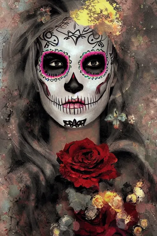 Prompt: illustration of a sugar skull day of the dead girl, art by craig mullins