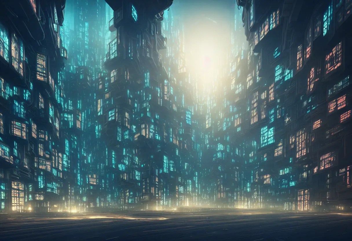 Prompt: inside of dystopian future cityscape with hundreds of illuminated windows and signs, of human mind and imagination, matte painting, beautiful render, octane render, concept art