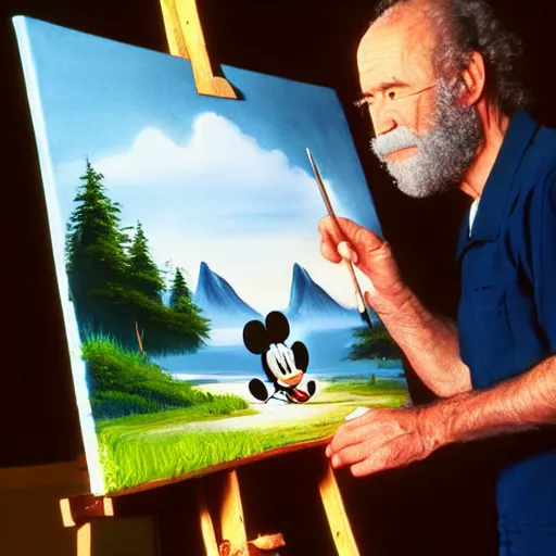 Image similar to a closeup photorealistic photograph of bob ross working on a canvas painting of mickey mouse. film still. brightly lit scene. mountains and trees. this 4 k hd image is trending on artstation, featured on behance, well - rendered, extra crisp, features intricate detail, epic composition and the style of unreal engine.