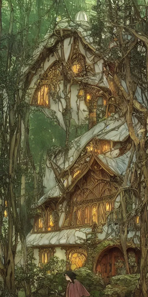 Image similar to an elvish house in the Woods, fantasy, art nouveau, architecture, fungi, daylight, warm light, spring, studio ghibli, Moebius, alphonse mucha, siya oum, ultra detailed, High definition, Sharp