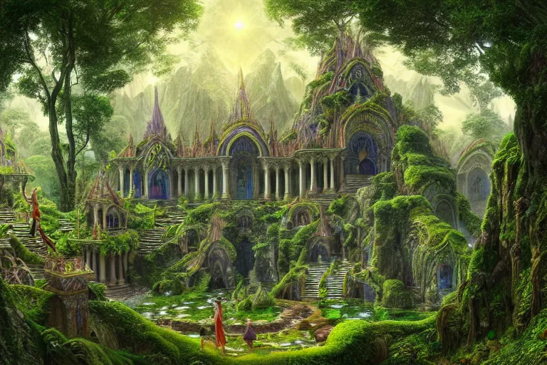 Image similar to a beautiful and highly detailed digital painting of an intricately designed elven temple in a lush valley, psychedelic patterns, intricate details, epic scale, 8 k, sharp focus, photorealism, artstation, cgsociety, by caspar friedrich, albert bierstadt, james gurney, alex grey, brian froud,