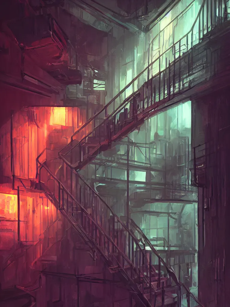 Image similar to down a basement staircase neon lights cyberpunk style digital painting concept art smooth sharp focus hyperrealistic illustration artstati