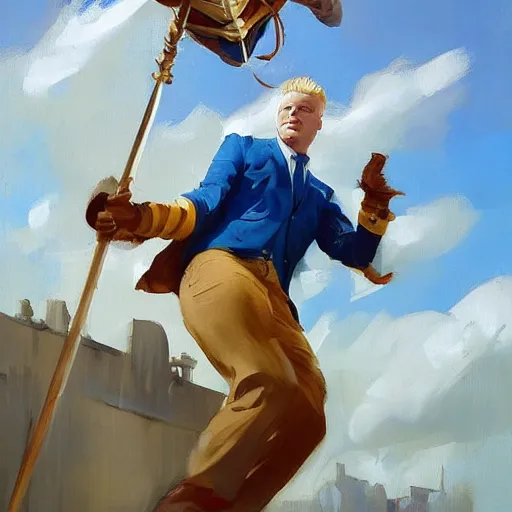 Prompt: greg manchess portrait of a blond man in a blue suit swinging overhead with a sword, organic painting, sunny day, matte painting, bold shapes, hard edges, street art, trending on artstation, by huang guangjian, gil elvgren, ruan jia, randy vargas, greg rutkowski