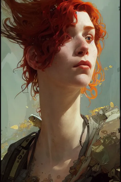 Prompt: A full portrait of a beautiful post apocalyptic red haired, gap toothed, freckled explorer, intricate, elegant, highly detailed, digital painting, artstation, concept art, smooth, sharp focus, illustration, art by Krenz Cushart and Artem Demura and alphonse mucha