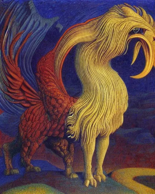 Image similar to a creature with the body and eyes of a man, with the beak of an eagle, the mane of a lion, and the horns of an ox by jean delville. vivid colors