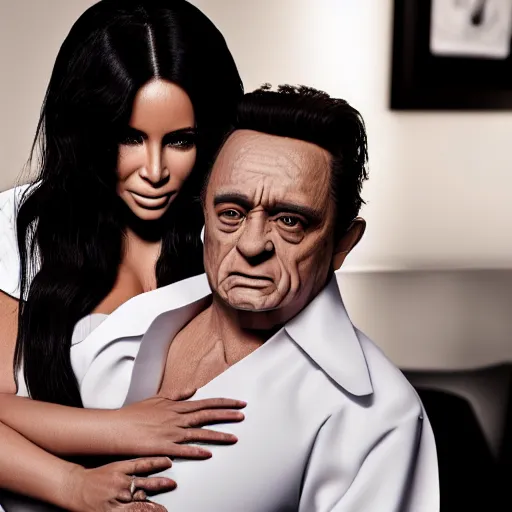 Prompt: johnny cash hugging kim kardashian, kim wearing a skintight nurse outfit, real photo, photoshooting, studio light, hospital background, intricate, epic lighting, cinematic composition, hyper realistic, 8k resolution, unreal engine 5