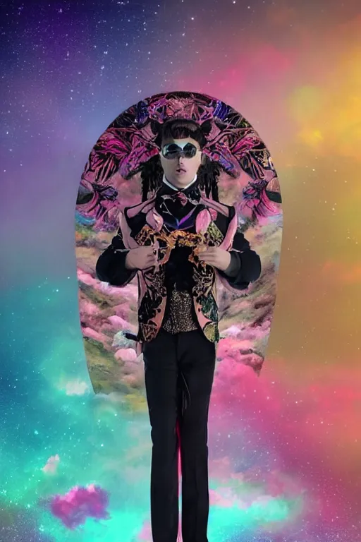 Prompt: Ethereal safari landscape with a pink rainbow sky under a god moonstone, black leather and embroidered Lolita dapper bespoke avant-garde tuxedo in velvet, black and gold rich color, dramatic cinematic lighting, featured on Artstation, extremely detailed by Lisa Frank