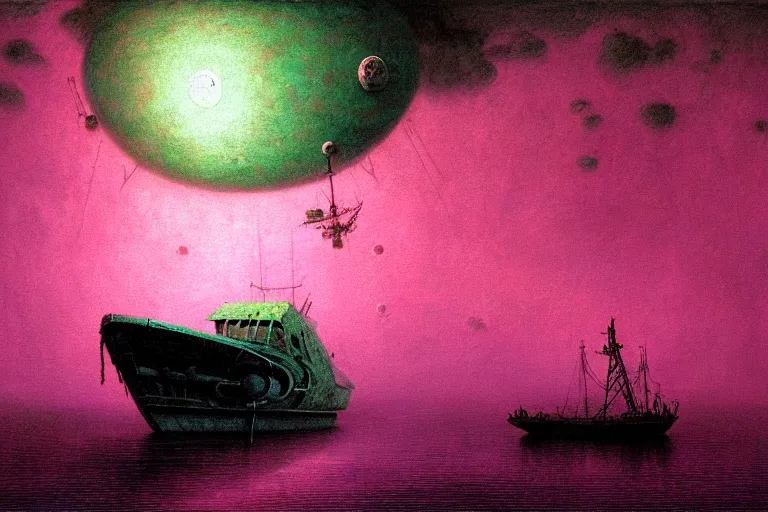 Prompt: boat in the outer space with clouds looking at derelict ship, in the style of beksinski, intricate and epic composition, pink by caravaggio, insanely quality, highly detailed, masterpiece, neon green light, artstation, 4 k