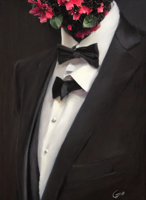 Image similar to a black tuxedo suit with a tie, a flowery bush growing out of the neck hole, intricate, highly detailed, concept art, hyperrealistic, oil painting by greg staples, 8 k