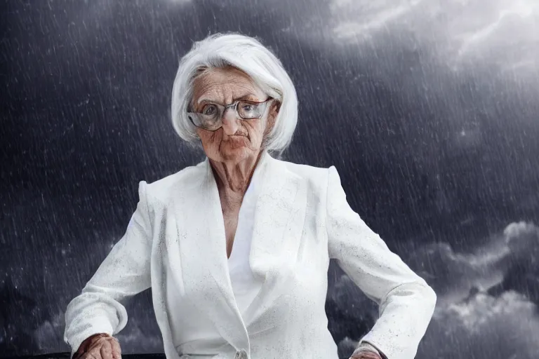 Prompt: a realistic cinematic headshot portrait of an old woman on top of skyscaper, wearing futuristic white suit, ceo, 4 k, ultra realistic, dramatic lighting, rain, clouds, fog, vogue, fashion, magazine spread, by annie leibovitz