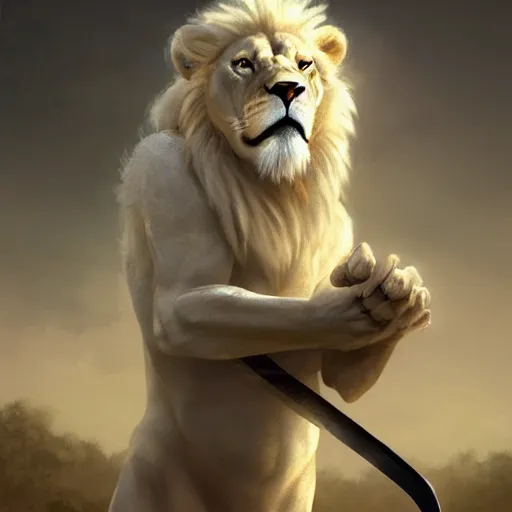 Image similar to a male anthropomorphic albino lion holding a sword,digital art,art by greg rutkowski,trevor henderson,ross tran,photorealistic,hyperdetailes,highly realistic,natural lighting,deviantart,artstation,dramatic,cinematic,4k