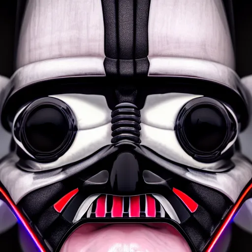 Image similar to clown darth vader hybrid, compound eyes, symmetrical front face portrait, high quality, high resolution, octane unreal 5 realphoto raytrace render, 5 0 mm, intricate, hyper detailed, hard light studio lighting, dark background