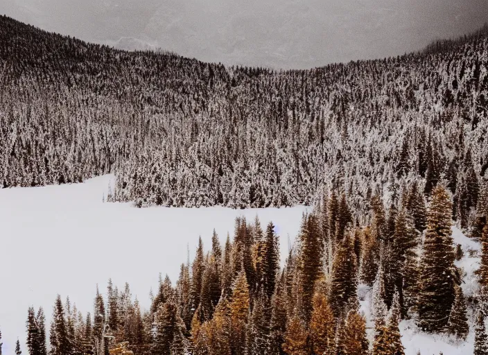 Image similar to symmetry!! a 2 8 mm macro tilt shift view of a beautiful rugged snowy mountain range, photography, film, film grain, canon 5 0 mm, cinematic lighting, golden hour, hazy,