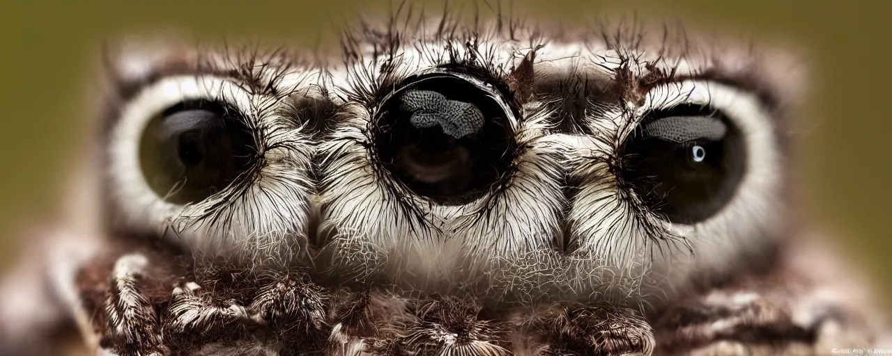 Prompt: a jumping spider mixed with an owl, hybrid creature, by Stanley Kubric, anamorphic lens, macro shot, bokeh, kodak color film stock, realistic, hyper detailed