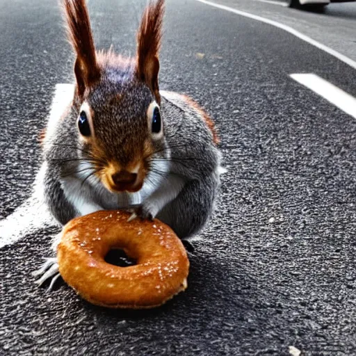 Prompt: a squirrel crossing a road with a doughnut stuck around it's head, detailed photography, close up nature