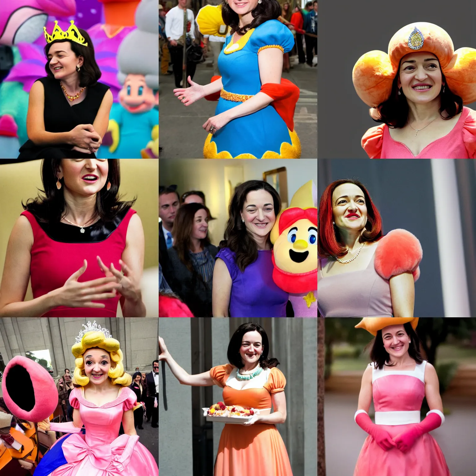 Prompt: photo of sheryl sandberg as princess peach, nyt photojournalism