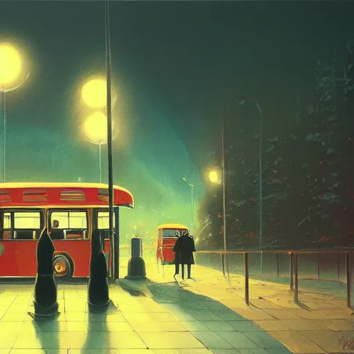 Prompt: dark city bus stop, painting by Hayao Miyazaki,ArtStation