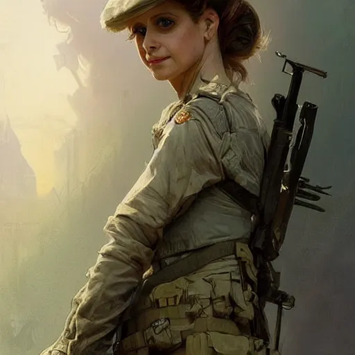 Image similar to sarah gellar as a soldier, gorgeous, amazing, smooth, intricate, highly detailed, digital painting, artstation, concept art, sharp focus, illustration, art by greg rutkowski and alphonse mucha and even amundsen