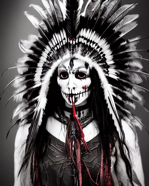 Image similar to lady native sisters ghost - spirit of the grim - warpaint wears the scarlet skull armor and native blood headdress feathers, midnight fog - mist!, cinematic lighting, various refining methods, micro macro autofocus, ultra definition, award winning photo, photograph by ghostwave - gammell - giger - shadowlord