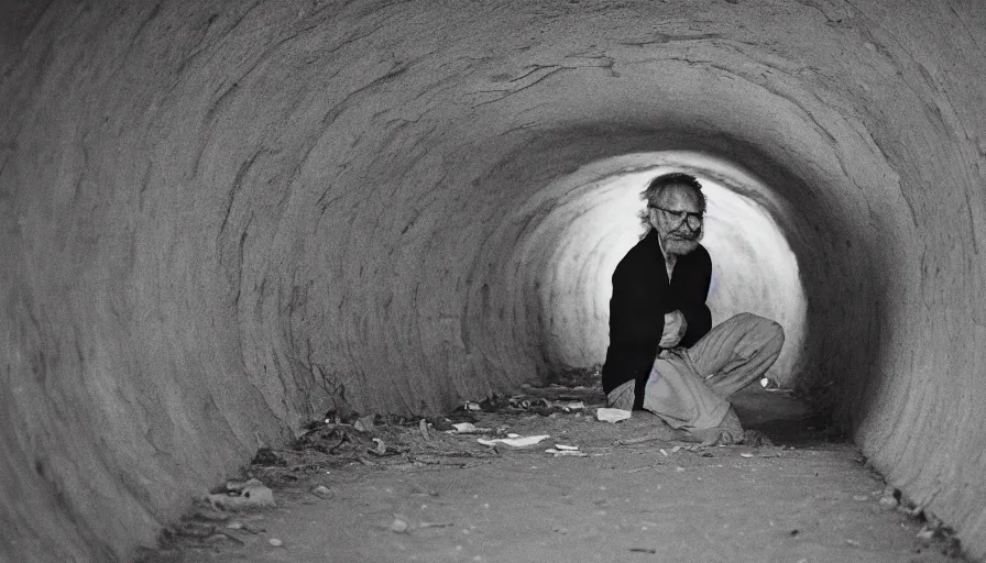 Image similar to 7 0 s movie still of an old man in a tiny tunnel. his skin is full of holes. cinestill 8 0 0 t 3 5 mm technicolor, heavy grain, high quality, high detail