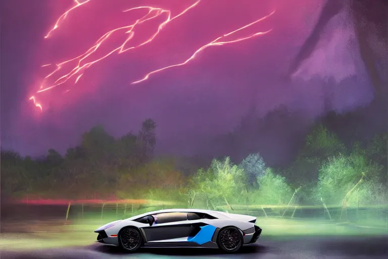 Image similar to a landscape photograph of a lamborghini aventador being chased by an alien spaceship through a vast serene landscape in a dystopian future, neon, river, trees, beautiful lighting, by lee madgwick