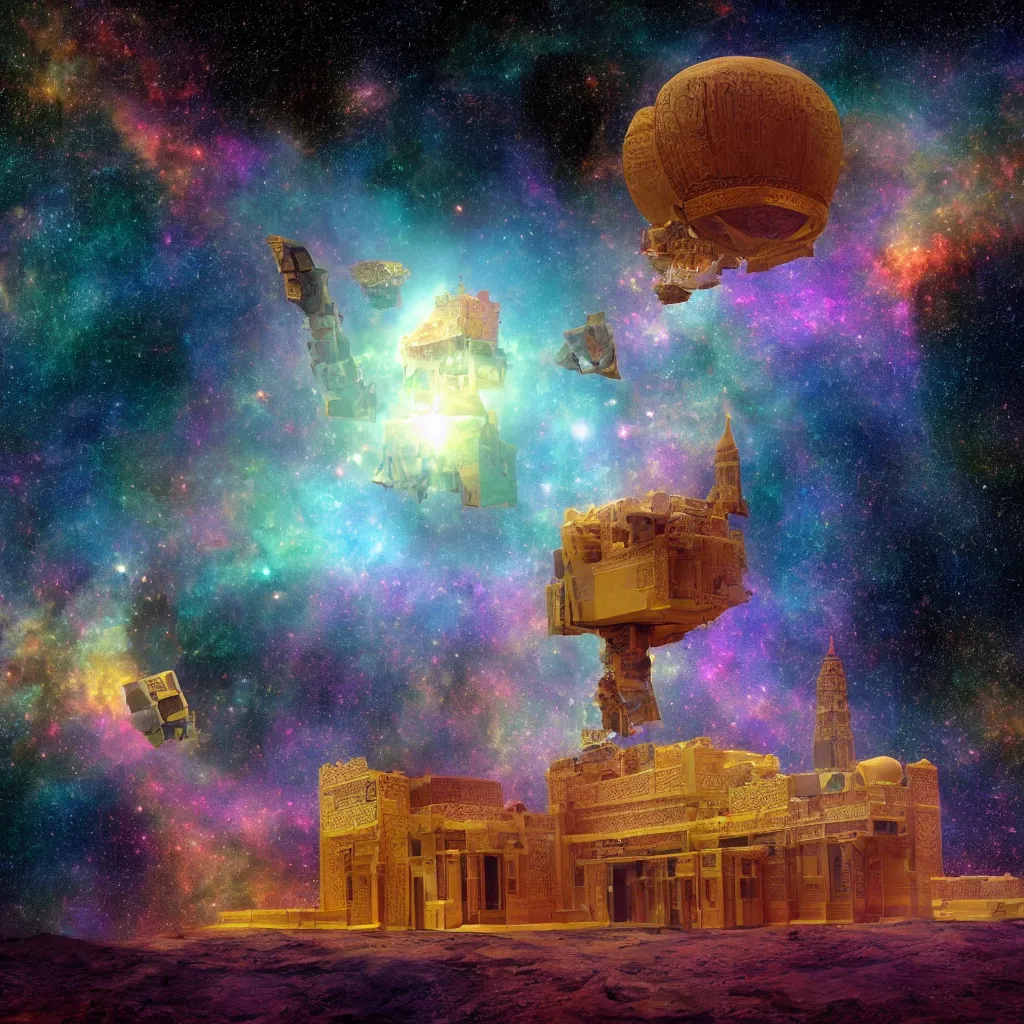Prompt: Arabic temple blooming out of a nebula, James Webb telescope, NASA, national geographic, beautiful composition, high contrast, HDR, extremely detailed
