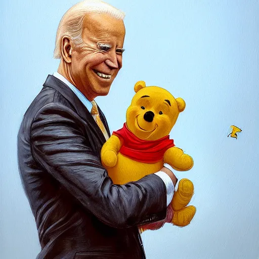 Prompt: Joe Biden holding Winnie the Pooh. Highly detailed painting Greg rutkowski. Good clear quality, high detail, octagon render 8k