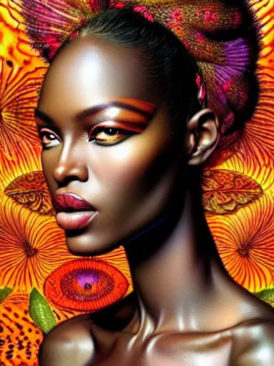 Image similar to a portrait of african supermodel with a floral background by karol bak, artgerm, moebius, yoji shinkawa : : portrait, illustration, photorealism, hyperrealism