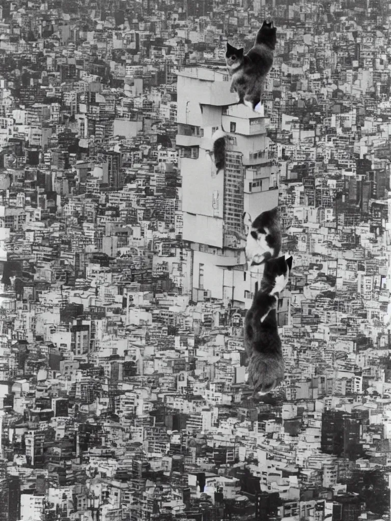 Image similar to full - color 1 9 6 0 s photo of an enormous cute calico - cat as a kaiju climbing up tokyo tower, in minato ward. in the style of a toho movie ; highly - detailed ; cinematic.