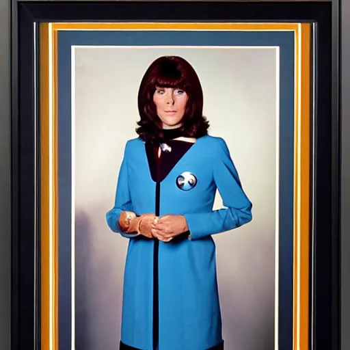 Prompt: a full body photograph of 1 9 7 0 s doctor who elisabeth sladen as a star fleet science officer from star trek next generation, full dress uniform, symmetrical face, extreme realism and detail, 8 k, completely framed, direct lighting, 3 5 mm photo, photorealistic, sharp focus