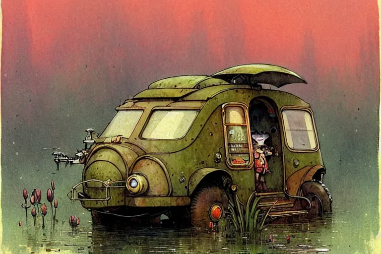 Image similar to adventurer ( ( ( ( ( 1 9 5 0 s retro future robot mouse wagon vehical home. muted colors. swamp. water lilies ) ) ) ) ) by jean baptiste monge!!!!!!!!!!!!!!!!!!!!!!!!! chrome red