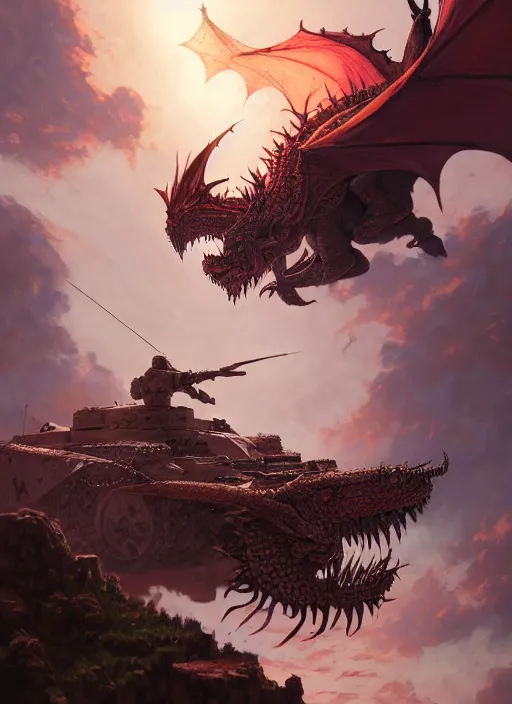 Image similar to highly detailed portrait of a knight tank fighting a red dragon, fantasy art by by simon bisley, loish, rhads, ferdinand knab, makoto shinkai and lois van baarle, ilya kuvshinov, rossdraws, tom bagshaw, global illumination, radiant light, detailed and intricate environment